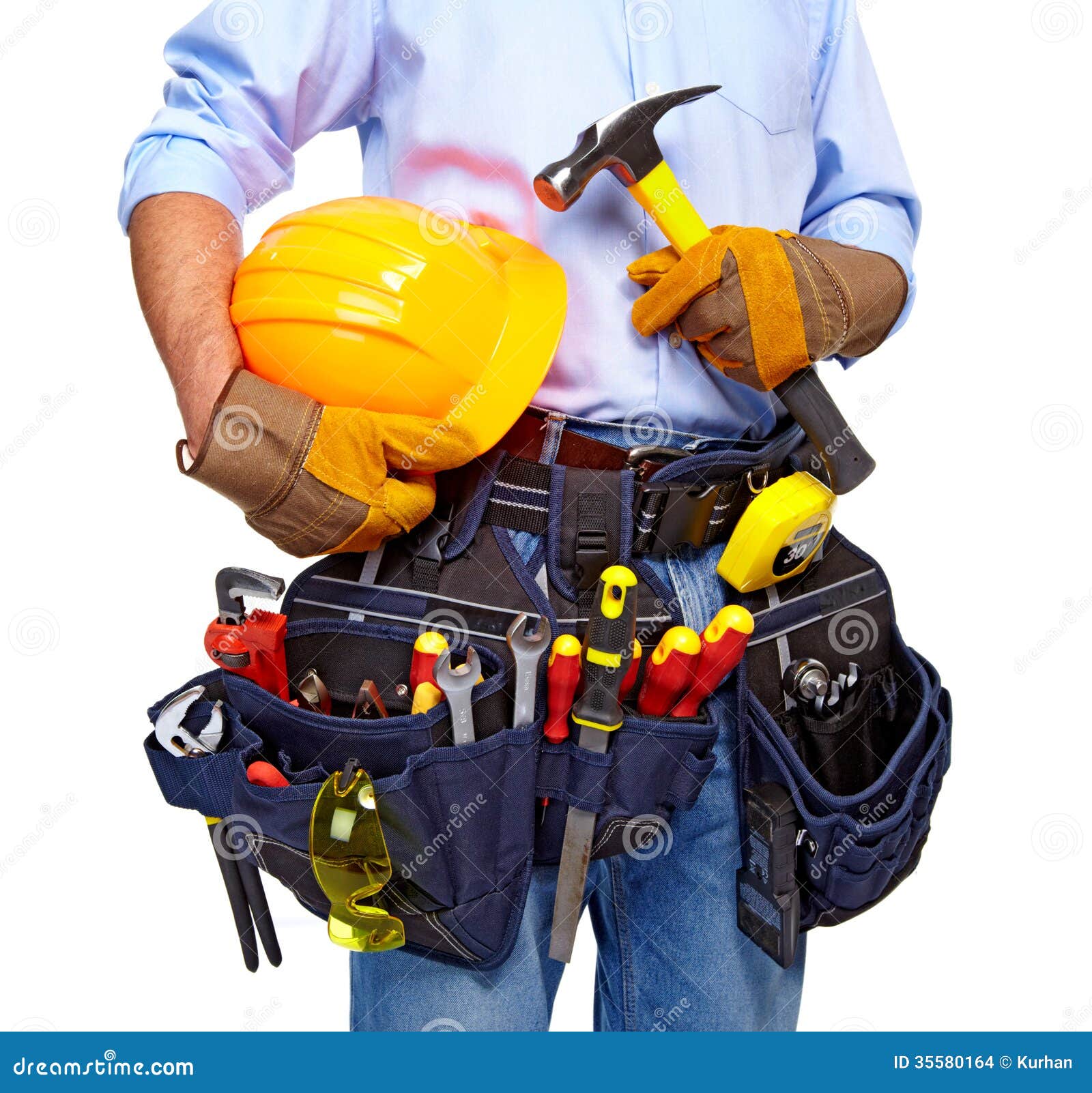 Construction worker tools photo with hammer and belt isolated